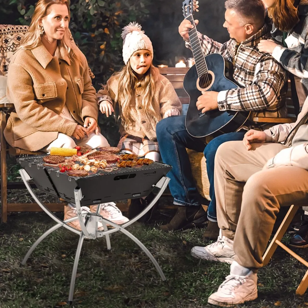 45 x 45 x 49 cm 3 in 1 Feuerstelle mit Edelstahlgrillrosten & Tragetasche & Handschuhen Campinggrill