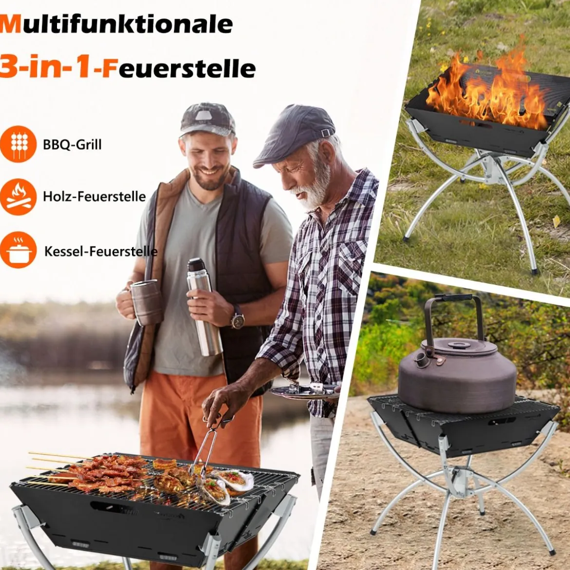45 x 45 x 49 cm 3 in 1 Feuerstelle mit Edelstahlgrillrosten & Tragetasche & Handschuhen Campinggrill