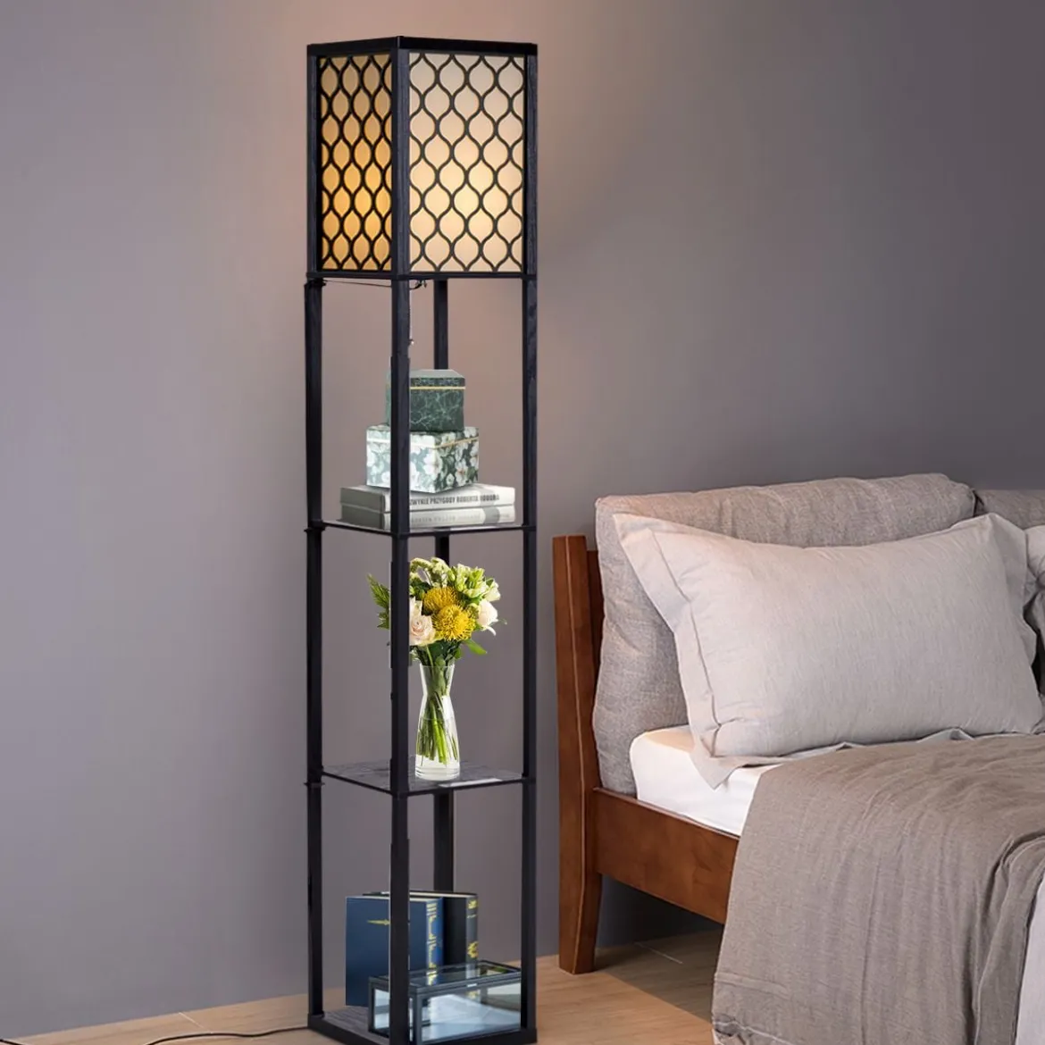 160x26x26cm Standleuchte Regal Moderne Innenbeleuchtung mit 3-Ebenen Bodenlampe