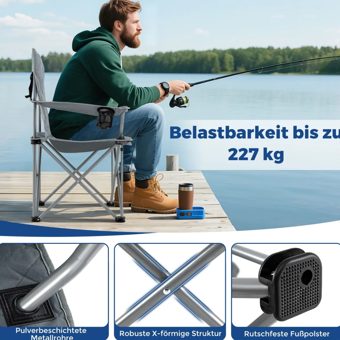 XXL Faltbarer Campingstuhl mit Kühltasche & Getränkehalter 227KG Belastbar Gepolsterter Angelstuhl Grau