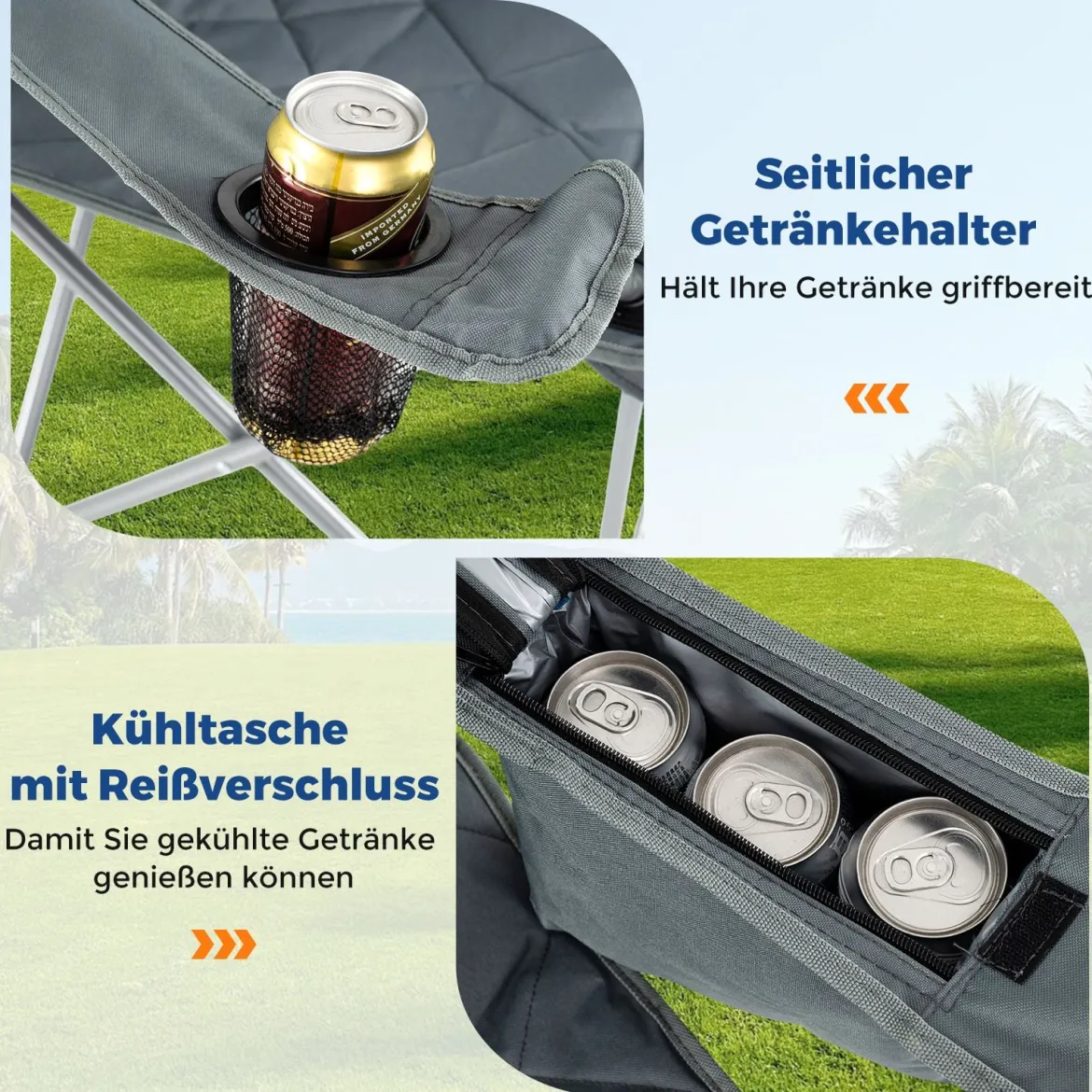 XXL Faltbarer Campingstuhl mit Kühltasche & Getränkehalter 227KG Belastbar Gepolsterter Angelstuhl Grau