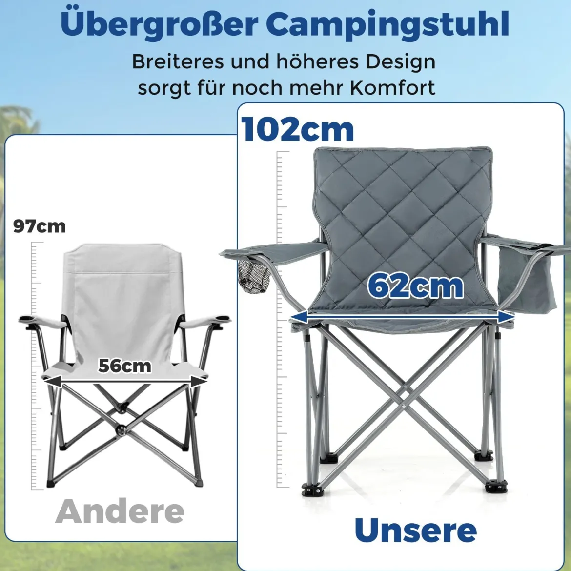 XXL Faltbarer Campingstuhl mit Kühltasche & Getränkehalter 227KG Belastbar Gepolsterter Angelstuhl Grau