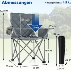 XXL Faltbarer Campingstuhl mit Kühltasche & Getränkehalter 227KG Belastbar Gepolsterter Angelstuhl Grau