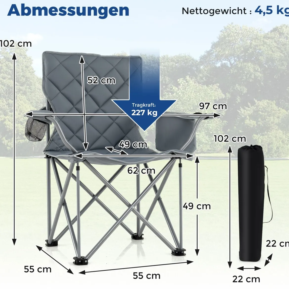 XXL Faltbarer Campingstuhl mit Kühltasche & Getränkehalter 227KG Belastbar Gepolsterter Angelstuhl Grau