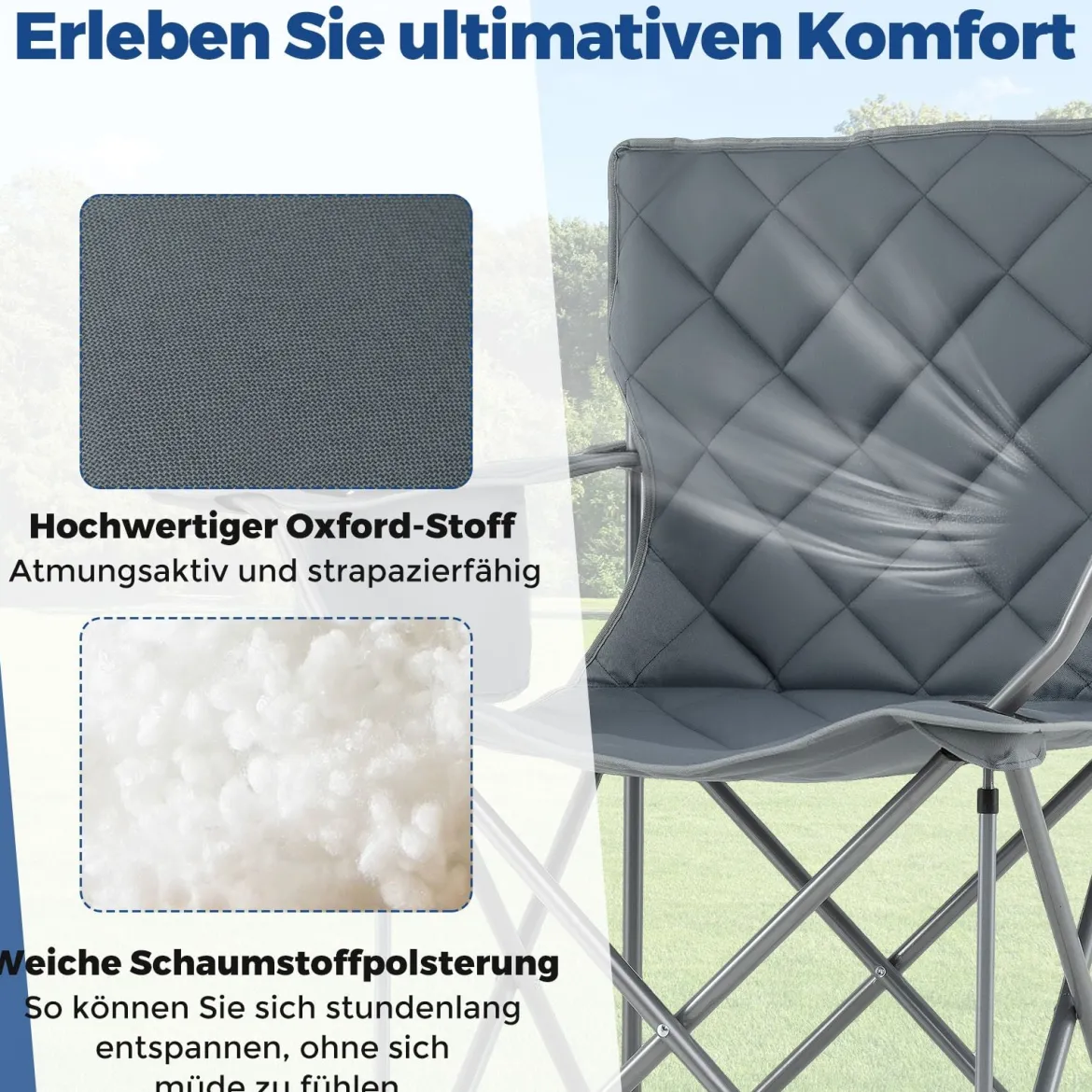 XXL Faltbarer Campingstuhl mit Kühltasche & Getränkehalter 227KG Belastbar Gepolsterter Angelstuhl Grau
