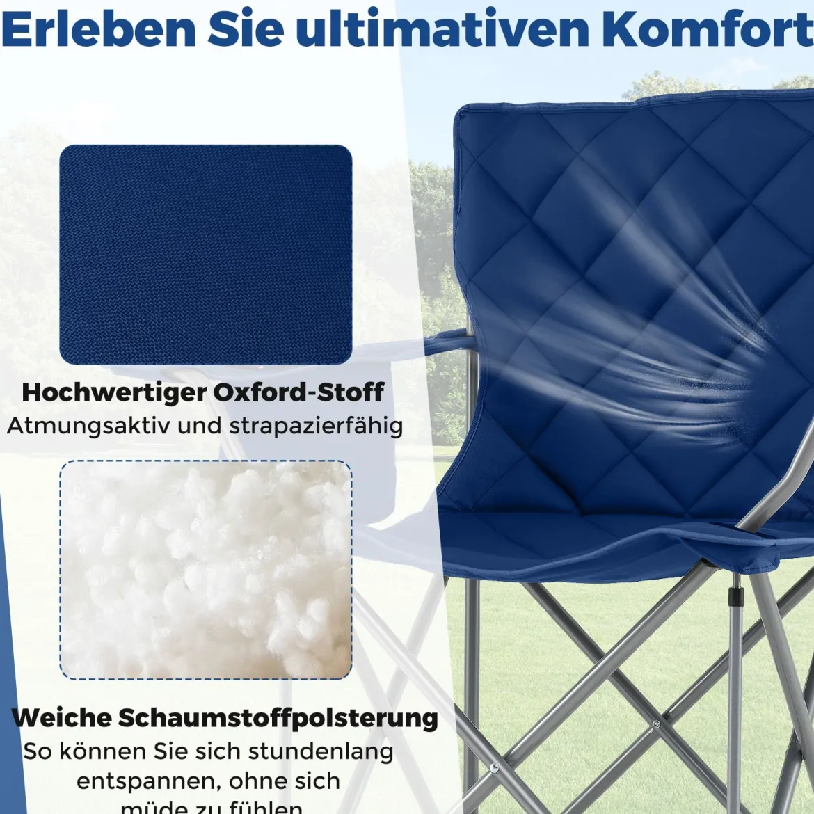 XXL Faltbarer Campingstuhl mit Kühltasche & Getränkehalter 227KG Belastbar Gepolsterter Angelstuhl Navy