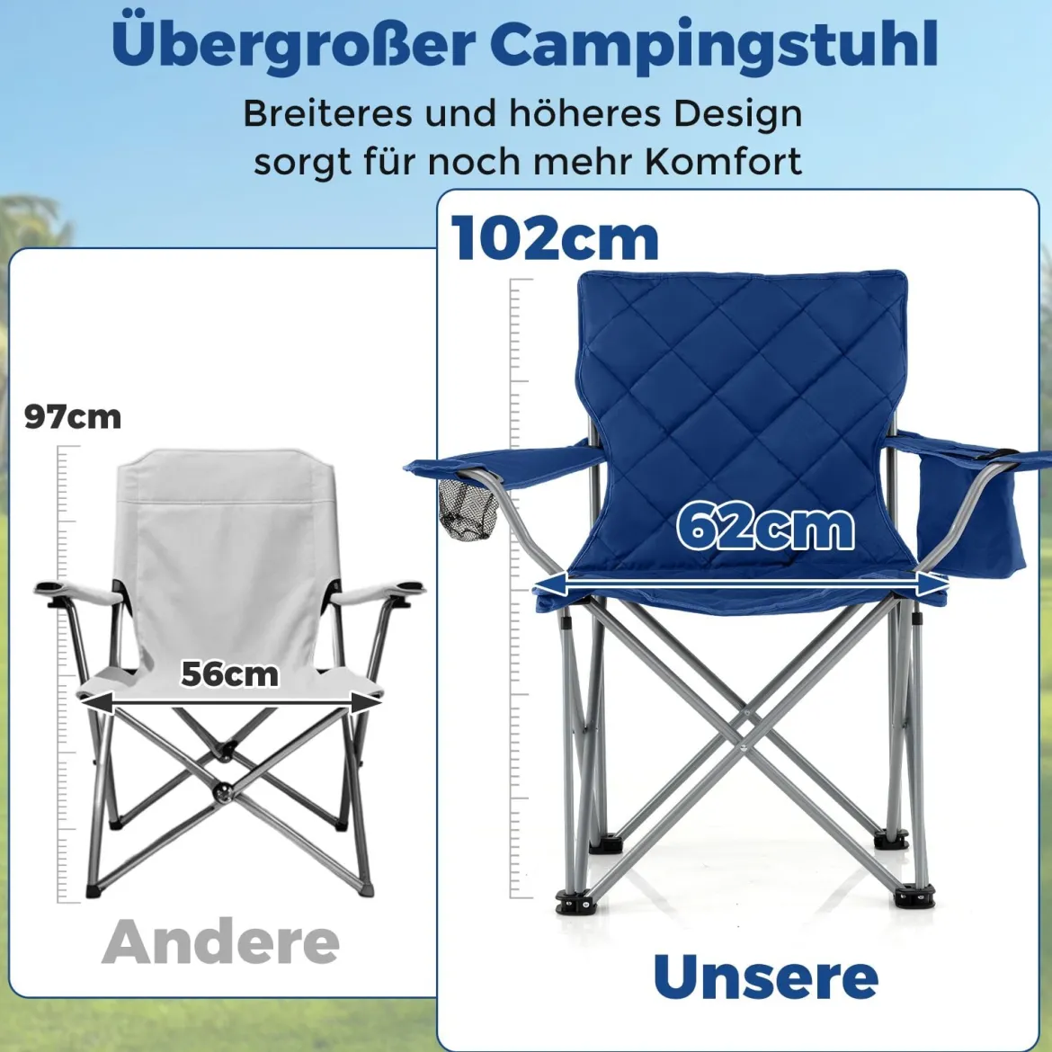 XXL Faltbarer Campingstuhl mit Kühltasche & Getränkehalter 227KG Belastbar Gepolsterter Angelstuhl Navy
