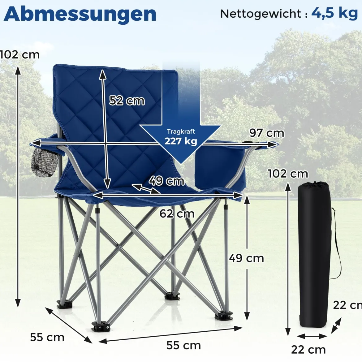 XXL Faltbarer Campingstuhl mit Kühltasche & Getränkehalter 227KG Belastbar Gepolsterter Angelstuhl Navy