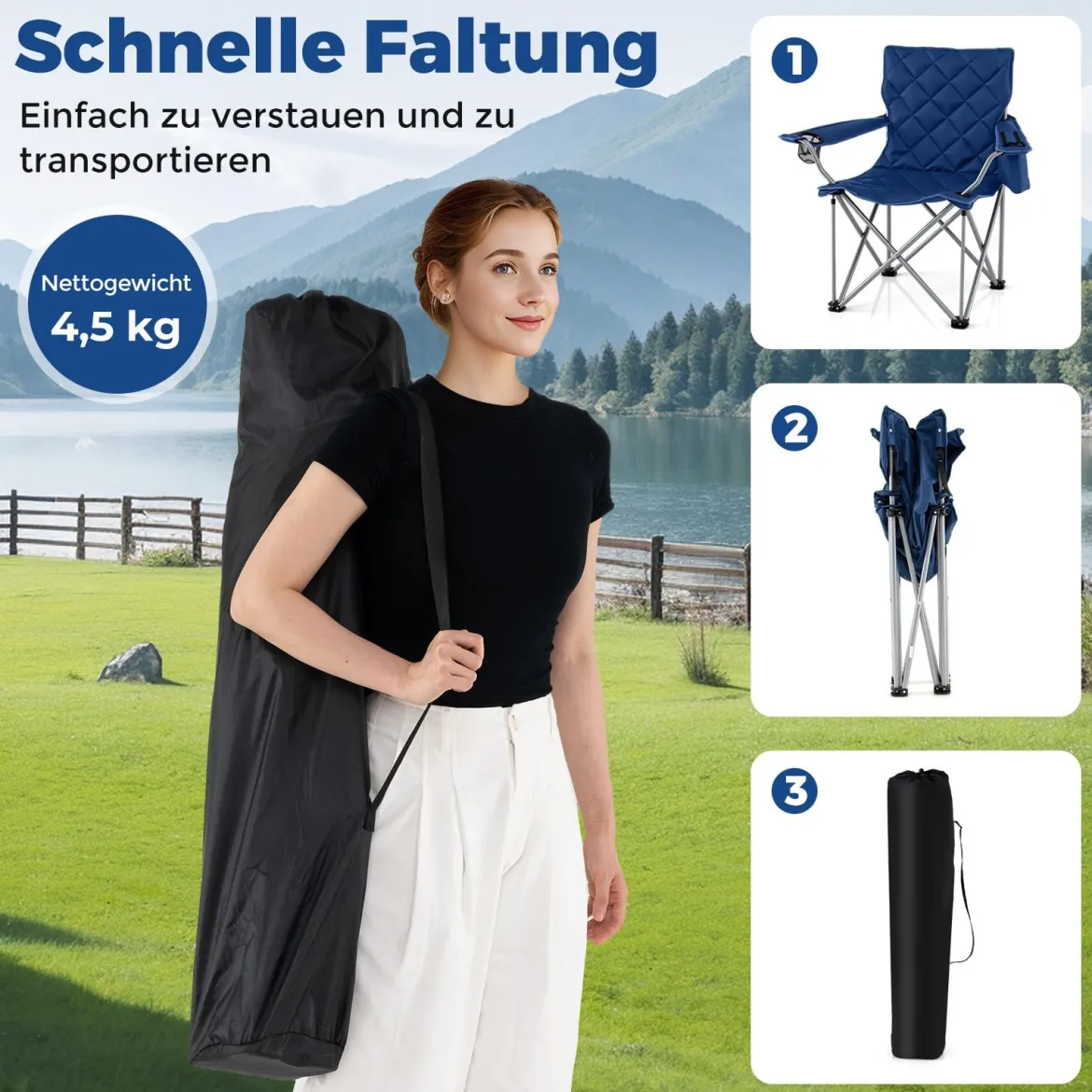 XXL Faltbarer Campingstuhl mit Kühltasche & Getränkehalter 227KG Belastbar Gepolsterter Angelstuhl Navy