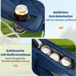 XXL Faltbarer Campingstuhl mit Kühltasche & Getränkehalter 227KG Belastbar Gepolsterter Angelstuhl Navy