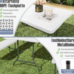 XXL Gartentisch mit HDPE-Tischplatte & Tragegriff Klappbarer Campingtisch Partytisch Weiß