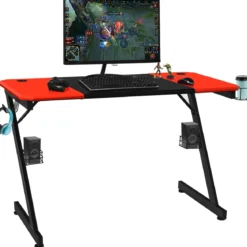 Z-förmiger Gaming Tisch Computertisch PC Tisch mit Becherhalter Kopfhörerhaken & Boxenständer Schreibtisch schwarz/rot