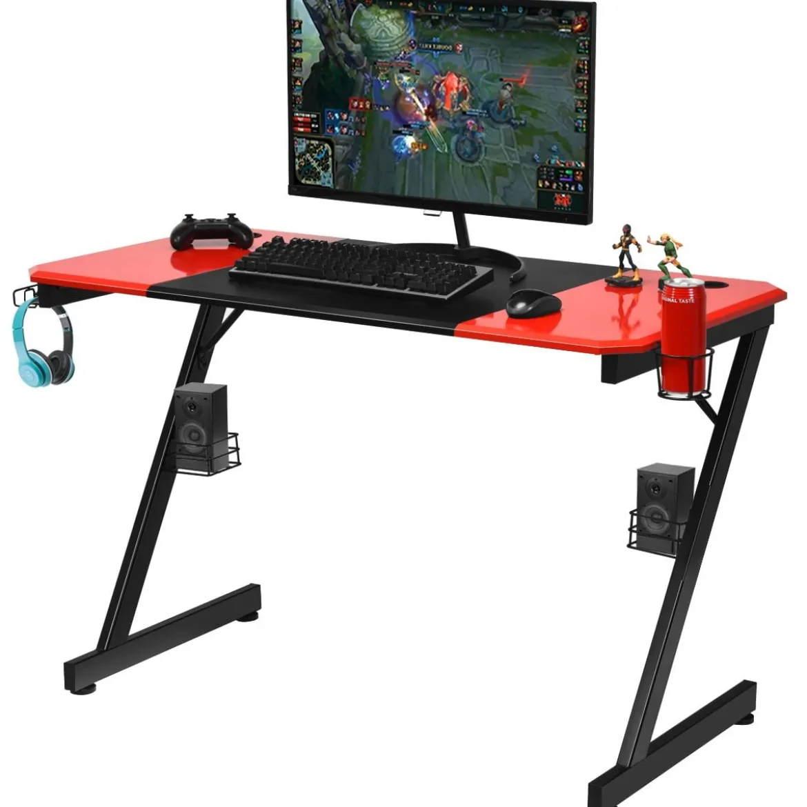 Z-förmiger Gaming Tisch Computertisch PC Tisch mit Becherhalter Kopfhörerhaken & Boxenständer Schreibtisch schwarz/rot
