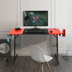 Z-förmiger Gaming Tisch Computertisch PC Tisch mit Becherhalter Kopfhörerhaken & Boxenständer Schreibtisch schwarz/rot