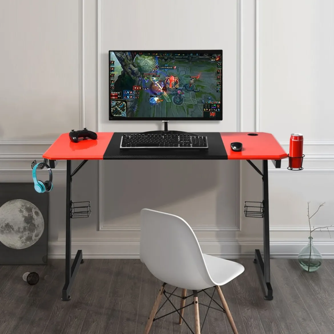 Z-förmiger Gaming Tisch Computertisch PC Tisch mit Becherhalter Kopfhörerhaken & Boxenständer Schreibtisch schwarz/rot