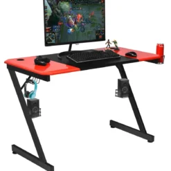 Z-förmiger Gaming Tisch Computertisch PC Tisch mit Becherhalter Kopfhörerhaken & Boxenständer Schreibtisch schwarz/rot