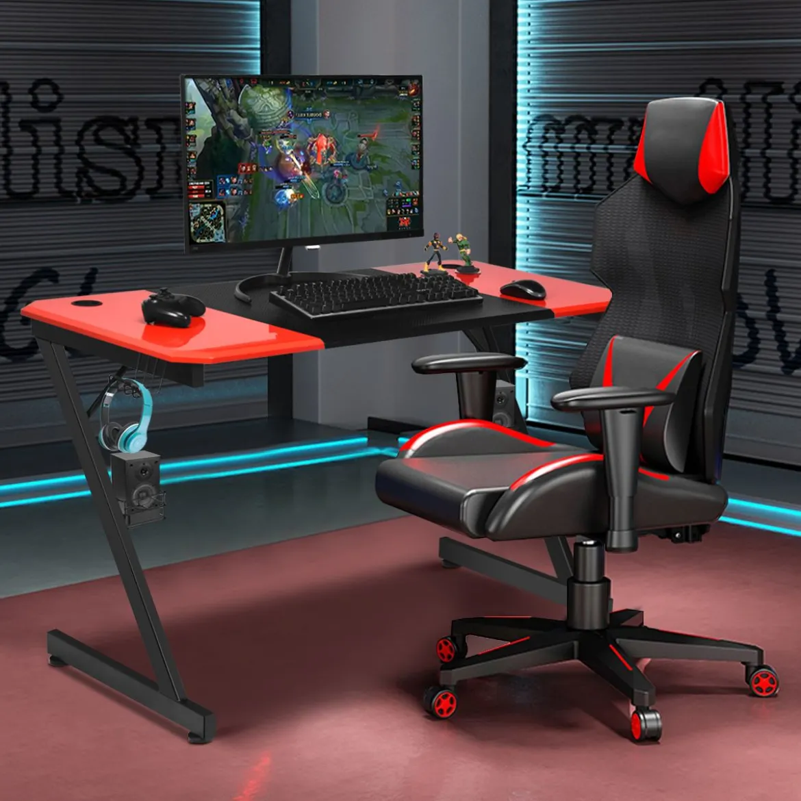 Z-förmiger Gaming Tisch Computertisch PC Tisch mit Becherhalter Kopfhörerhaken & Boxenständer Schreibtisch schwarz/rot