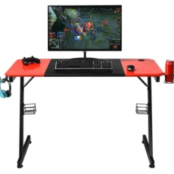 Z-förmiger Gaming Tisch Computertisch PC Tisch mit Becherhalter Kopfhörerhaken & Boxenständer Schreibtisch schwarz/rot