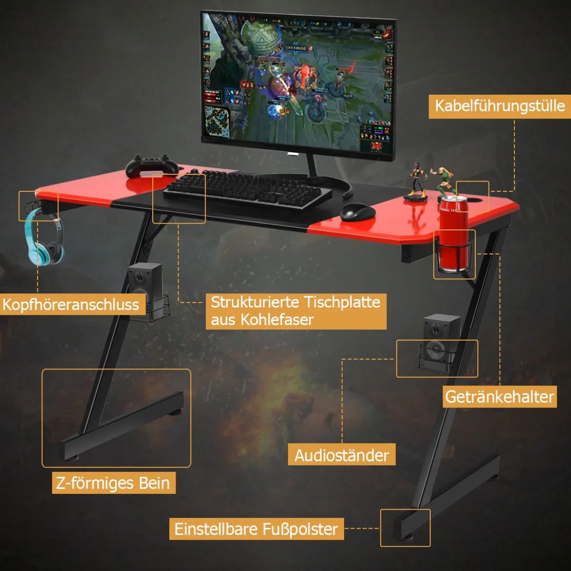 Z-förmiger Gaming Tisch Computertisch PC Tisch mit Becherhalter Kopfhörerhaken & Boxenständer Schreibtisch schwarz/rot