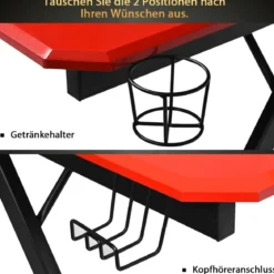 Z-förmiger Gaming Tisch Computertisch PC Tisch mit Becherhalter Kopfhörerhaken & Boxenständer Schreibtisch schwarz/rot