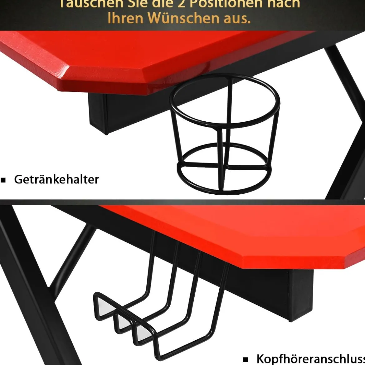 Z-förmiger Gaming Tisch Computertisch PC Tisch mit Becherhalter Kopfhörerhaken & Boxenständer Schreibtisch schwarz/rot