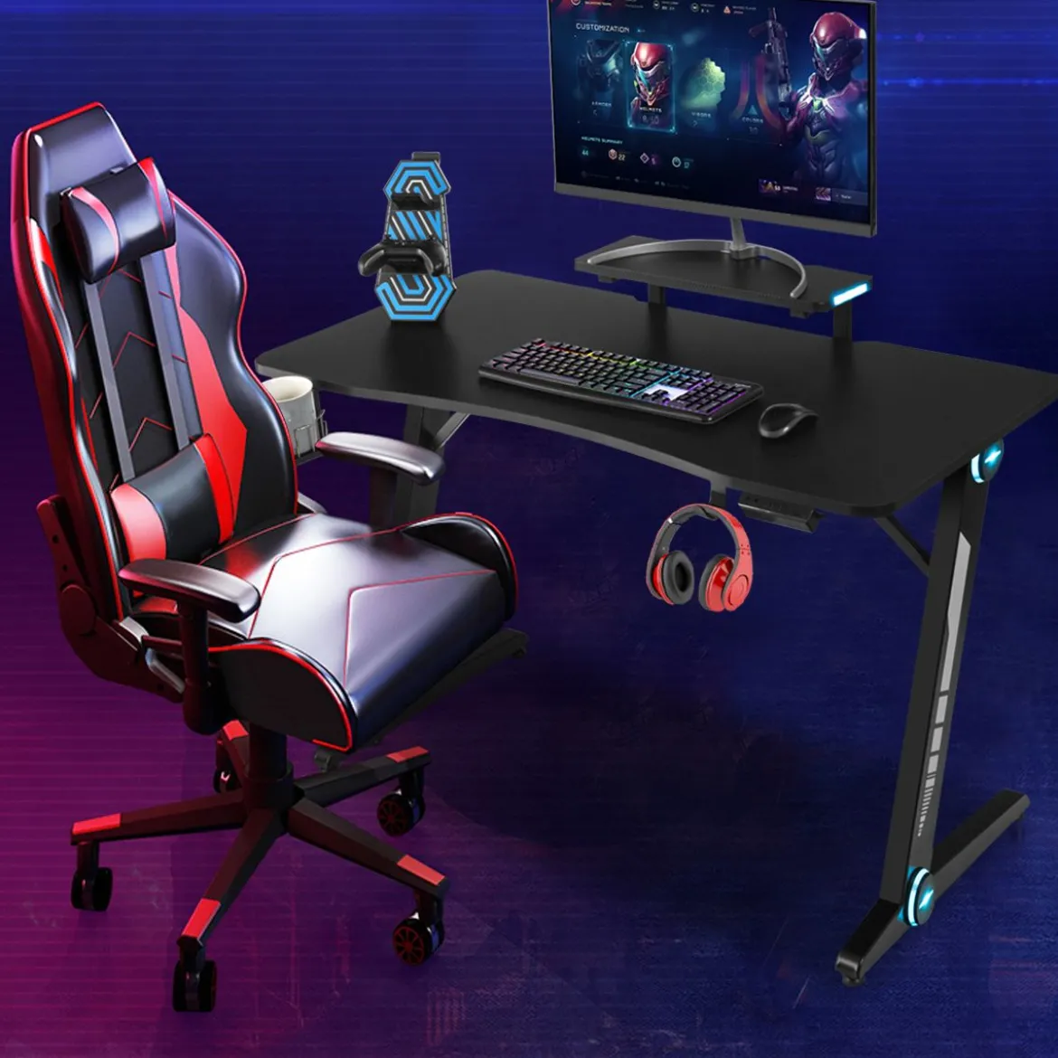 Z-förmig Gaming Tisch Computertisch PC Tisch Schreibtisch mit Licht