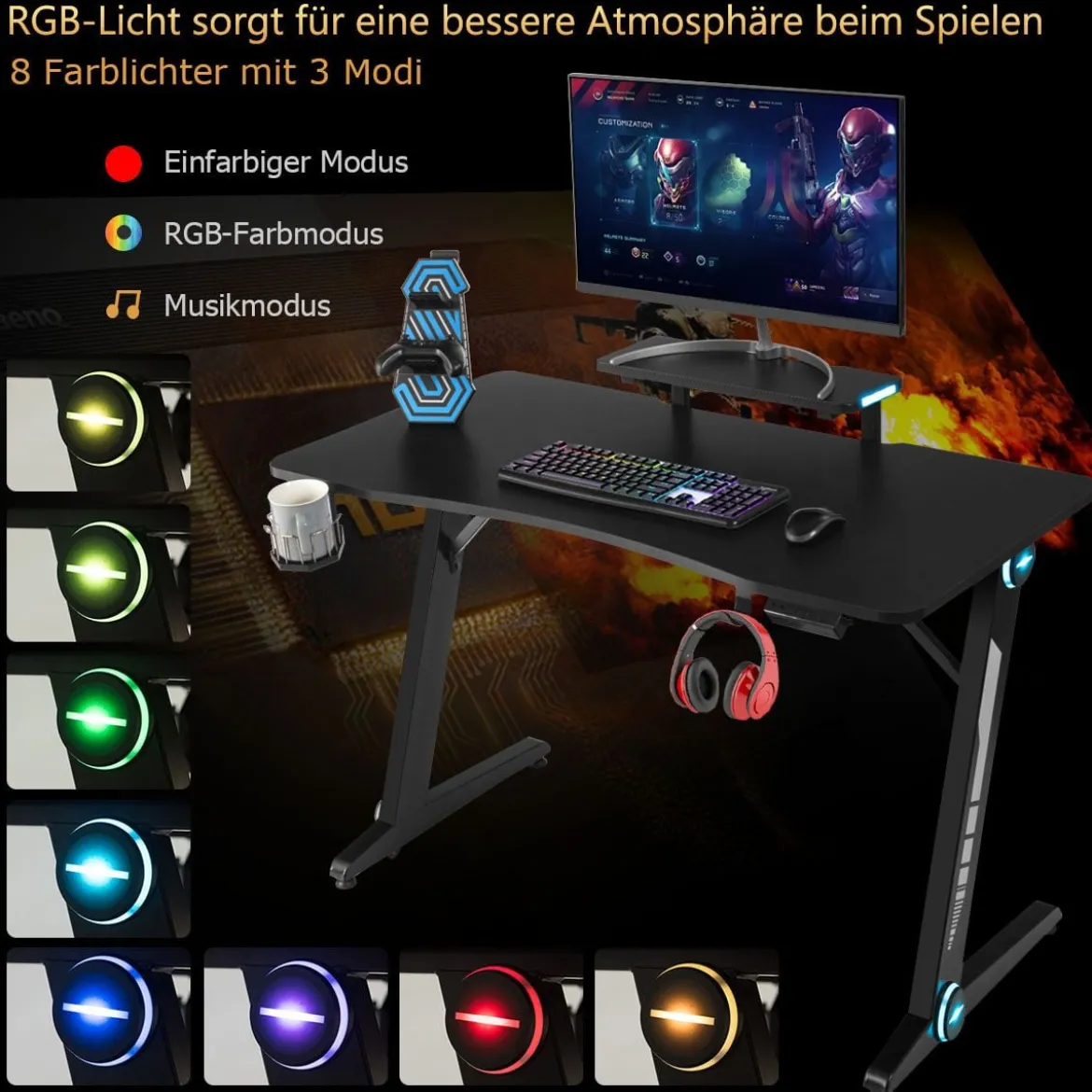 Z-förmig Gaming Tisch Computertisch PC Tisch Schreibtisch mit Licht