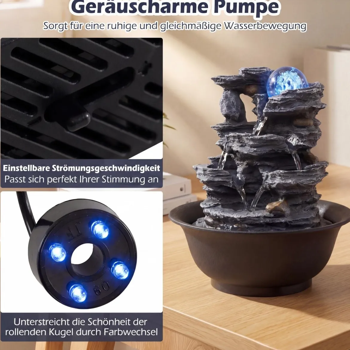 Zimmerbrunnen Wasserfall Tischbrunnen mit Steineffekt Farbigem LED-Licht & Leiser Pumpe