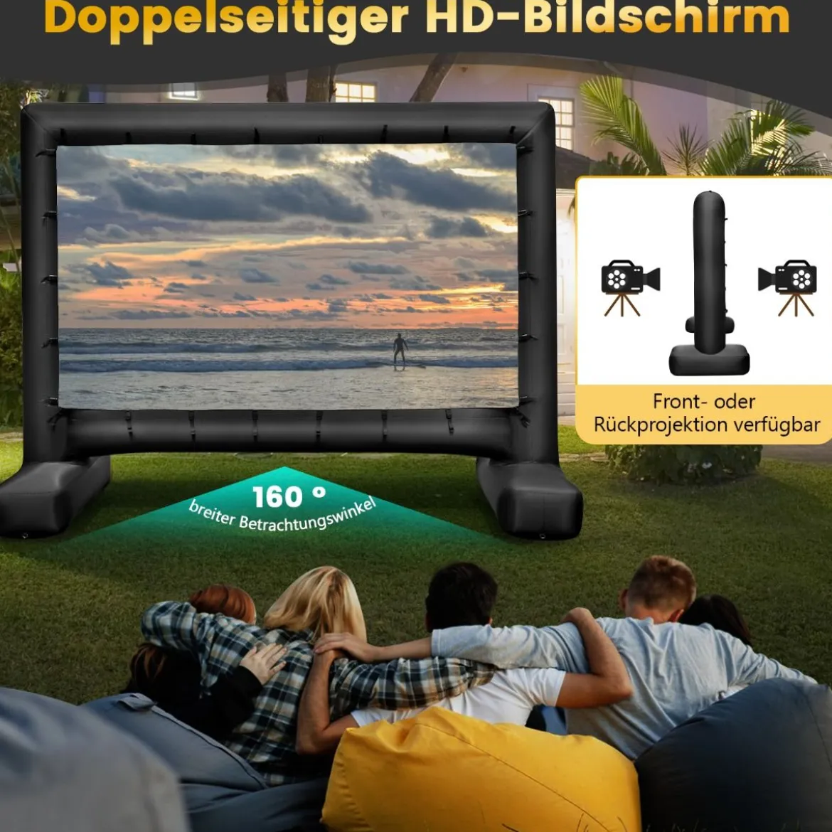 143 Zoll Aufblasbare Beamer Leinwand mit Gebläse & Erdspieße 16:9 4K HD Doppelseitige Projektionsleinwand