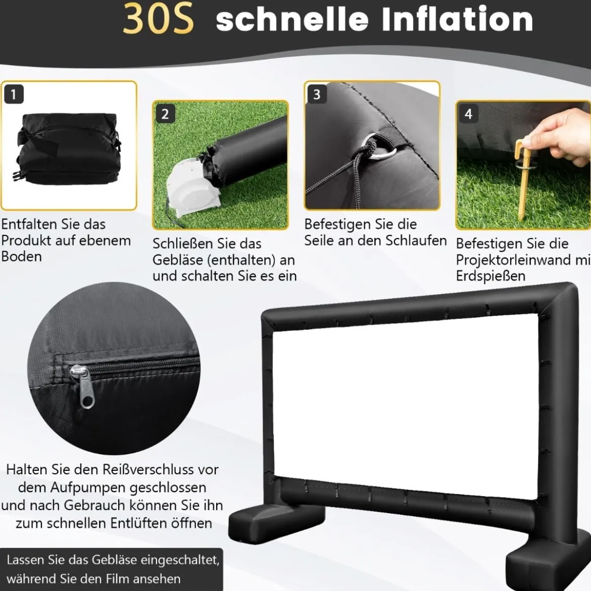 143 Zoll Aufblasbare Beamer Leinwand mit Gebläse & Erdspieße 16:9 4K HD Doppelseitige Projektionsleinwand