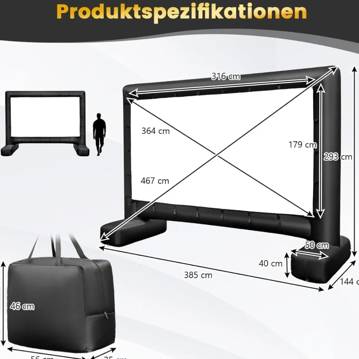 143 Zoll Aufblasbare Beamer Leinwand mit Gebläse & Erdspieße 16:9 4K HD Doppelseitige Projektionsleinwand