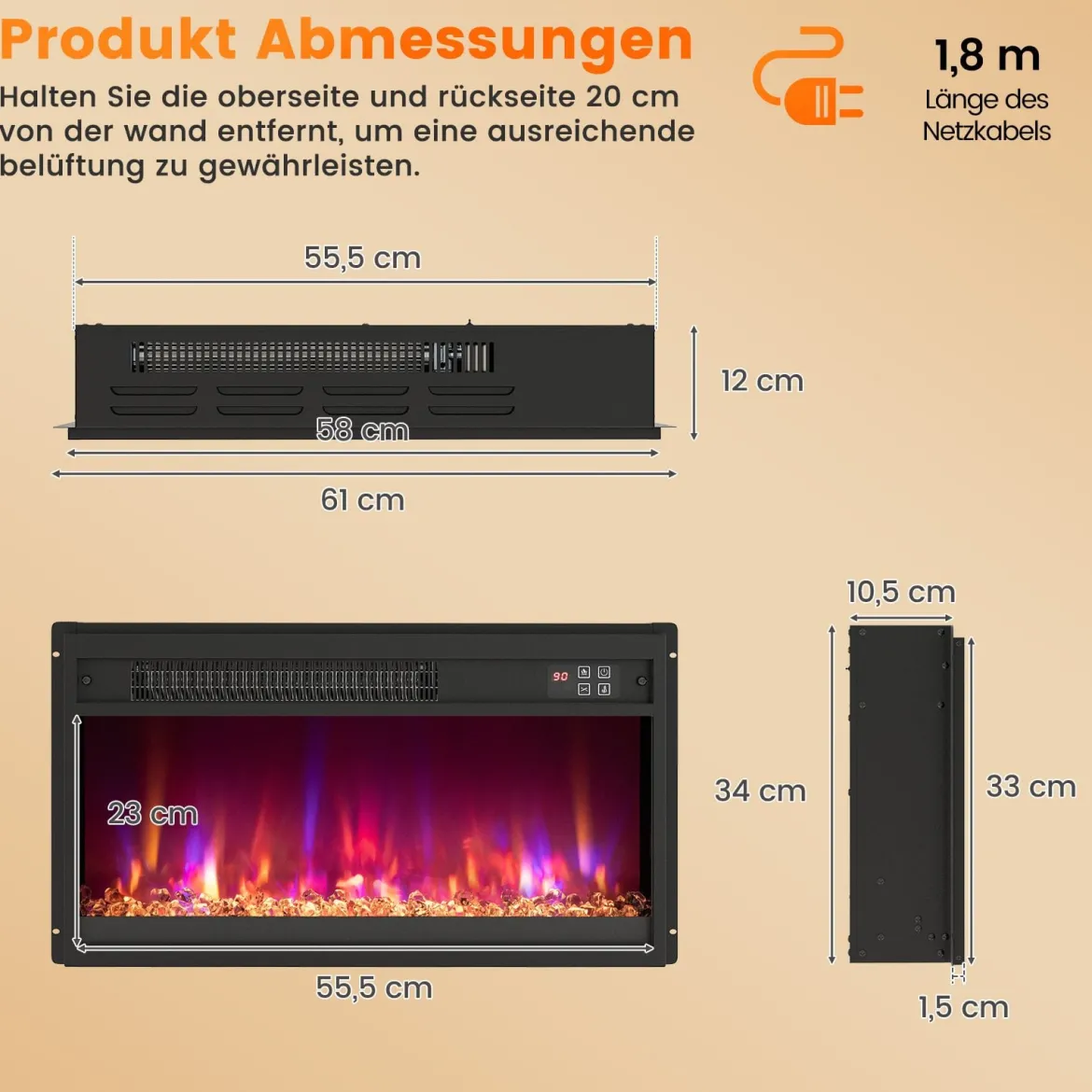 23 Zoll Elektrischer Kamin-Einsatz mit Fernbedienung & Einstellbare Flammenfarbe Kaminheizung