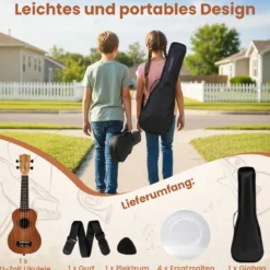 21 Zoll Ukulele Mahagoni Holz Ukulelen-Set mit Tragetasche Plektrum verstellbarem Gurt Natur