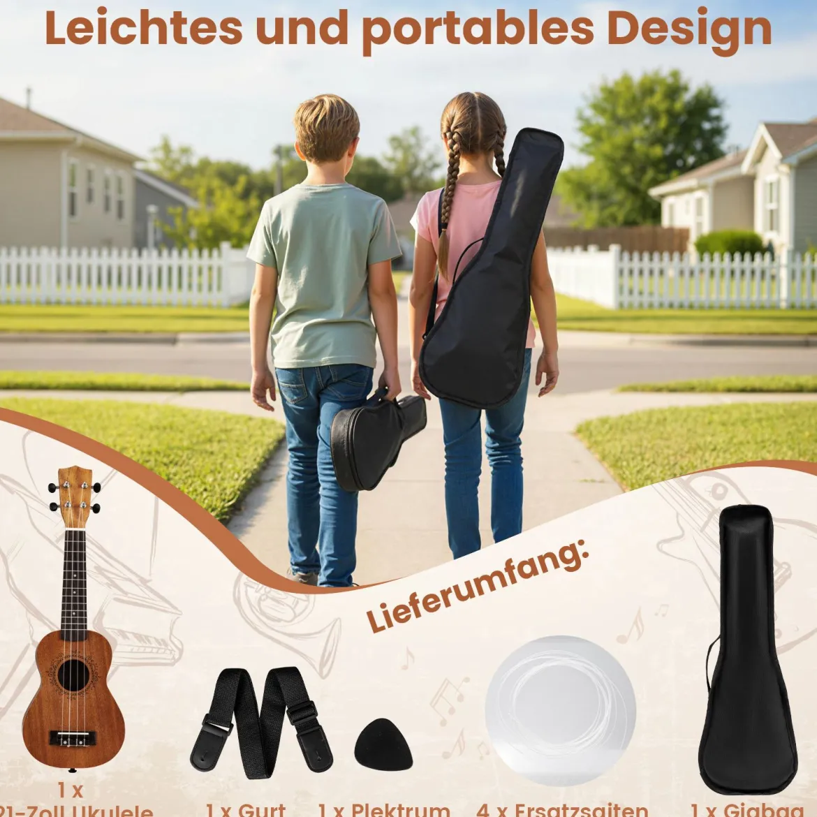 21 Zoll Ukulele Mahagoni Holz Ukulelen-Set mit Tragetasche Plektrum verstellbarem Gurt Natur