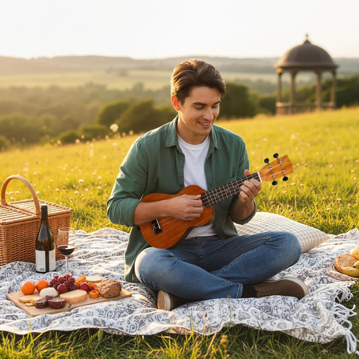 21 Zoll Ukulele Mahagoni Holz Ukulelen-Set mit Tragetasche Plektrum verstellbarem Gurt Natur