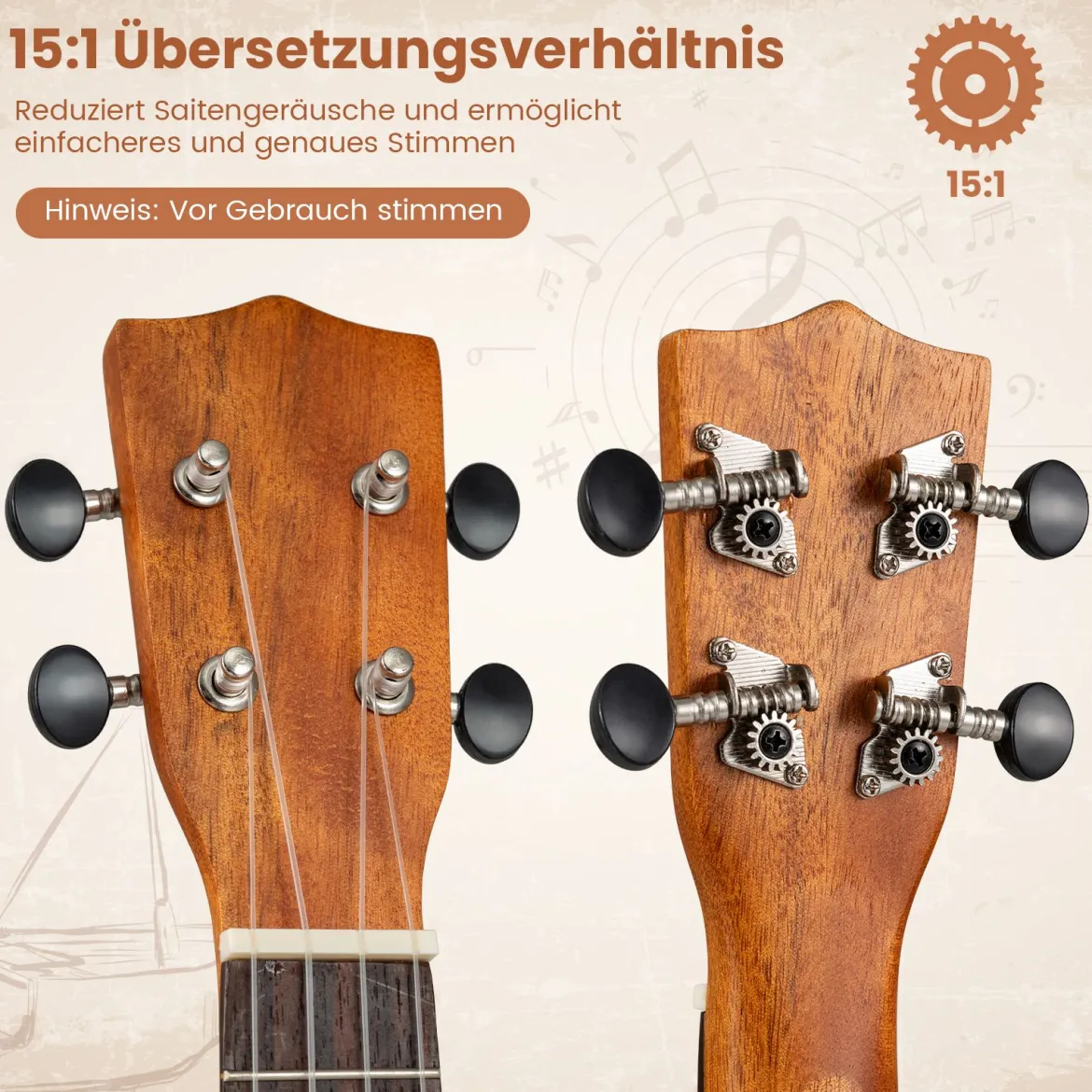 21 Zoll Ukulele Mahagoni Holz Ukulelen-Set mit Tragetasche Plektrum verstellbarem Gurt Natur