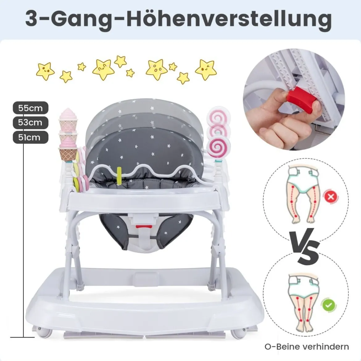 Zusammenklappbarer Lauflernwagen mit Rädern 3-stufig Höhenverstellbar & Abnehmbares Weiches Sitzkissen Grau