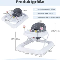 Zusammenklappbarer Lauflernwagen mit Rädern 3-stufig Höhenverstellbar & Abnehmbares Weiches Sitzkissen Grau