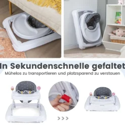 Zusammenklappbarer Lauflernwagen mit Rädern 3-stufig Höhenverstellbar & Abnehmbares Weiches Sitzkissen Grau