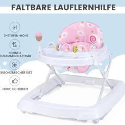 Zusammenklappbarer Lauflernwagen mit Rädern 3-stufig Höhenverstellbar & Abnehmbares Weiches Sitzkissen Rosa