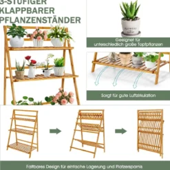 Zusammenklappbarer Pflanzenständer aus Bambus 3-Stufiges Leiterregal 70 x 38 x 95,5 cm Natur