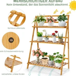 Zusammenklappbarer Pflanzenständer aus Bambus 3-Stufiges Leiterregal 70 x 38 x 95,5 cm Natur