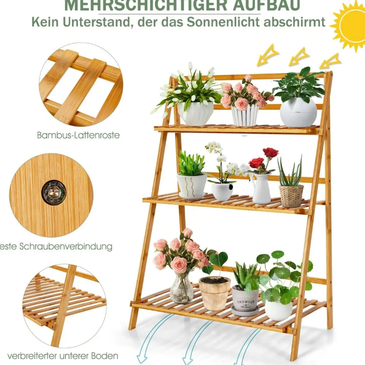 Zusammenklappbarer Pflanzenständer aus Bambus 3-Stufiges Leiterregal 70 x 38 x 95,5 cm Natur