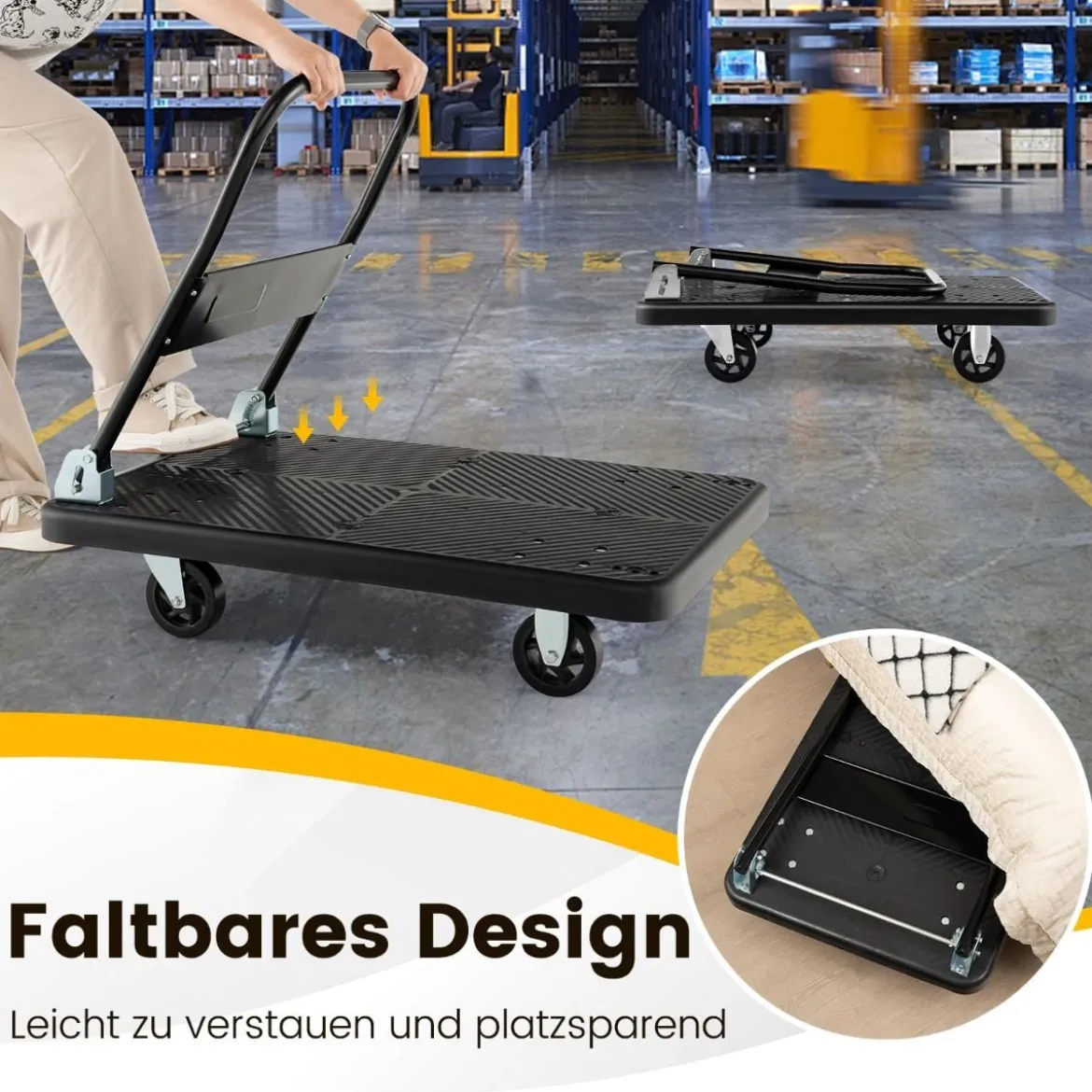 Zusammenklappbarer Plattformwagen mit 350 kg Tragfähigkeit & 360° drehbaren Rädern für einfache Lagerung Schwarz