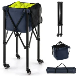 Zusammenklappbarer Tennisballwagen mit Rädern abnehmbarer Tasche Seitentaschen & Tragetasche tragbarer Ballwagen für 150 Tennisbälle Blau