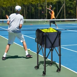 Zusammenklappbarer Tennisballwagen mit Rädern abnehmbarer Tasche Seitentaschen & Tragetasche tragbarer Ballwagen für 150 Tennisbälle Blau