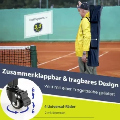 Zusammenklappbarer Tennisballwagen mit Rädern abnehmbarer Tasche Seitentaschen & Tragetasche tragbarer Ballwagen für 150 Tennisbälle Blau