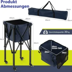 Zusammenklappbarer Tennisballwagen mit Rädern abnehmbarer Tasche Seitentaschen & Tragetasche tragbarer Ballwagen für 150 Tennisbälle Blau
