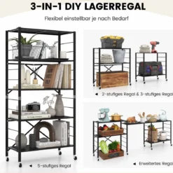 Zusammenklappbares Lagerregal mit Rädern selbst anpassbare Regaleinheit mit großer Kapazität Metallregal Schwarz