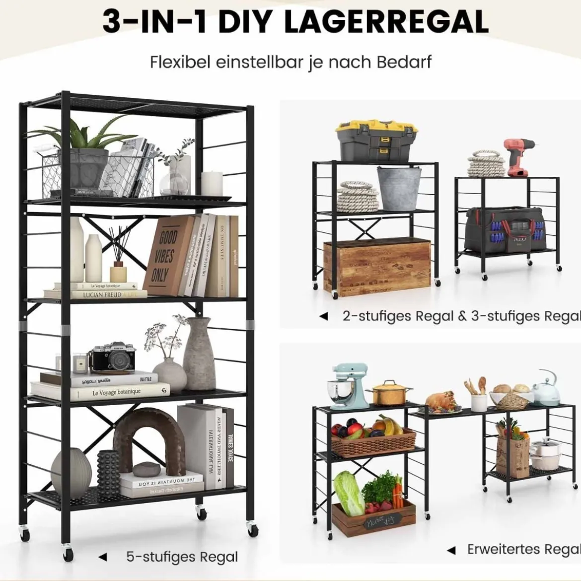 Zusammenklappbares Lagerregal mit Rädern selbst anpassbare Regaleinheit mit großer Kapazität Metallregal Schwarz